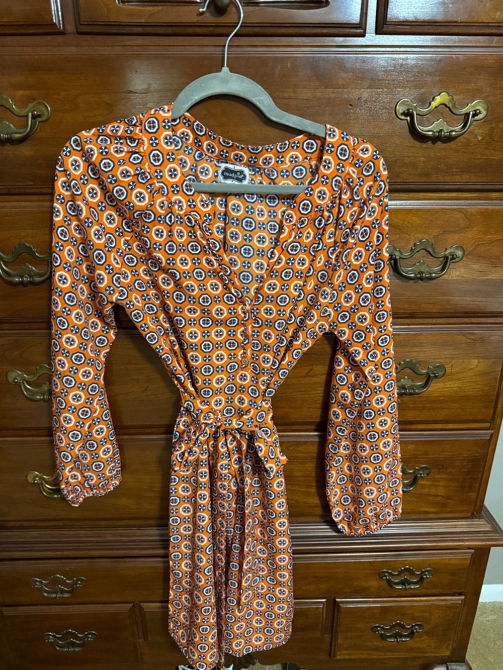 Mud Pie Orange Geometric Wrap Dress with Tie Waist